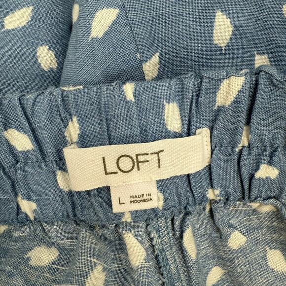 LOFT ANN TAYLOR Shorts SZ Large Linen Blend Pleat Pull On Shorts Blue White Geo - Picture 3 of 8